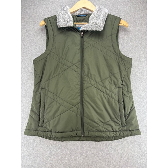 Columbia Womens Vest L Olive Green Quilted Fleece Collar Full Zip Padded - Picture 1 of 10